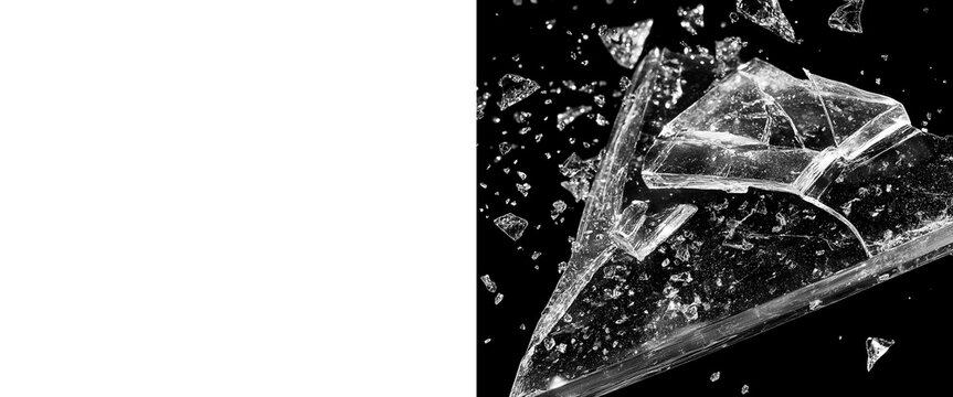 Shattered glass shards exploding on black background, broken transparent glass fragments, sharp crystal splinters with dramatic lighting and high contrast