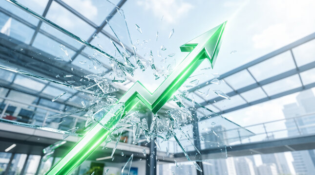 Green financial arrow breaking through shattered glass ceiling inside modern corporate office building rising business profit chart market success investment concept graphic