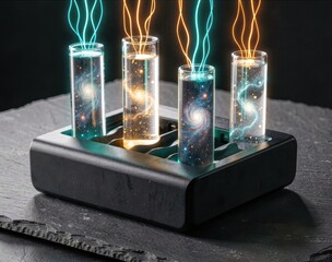 Fototapeta premium Four glass test tubes containing miniature glowing galaxies inside