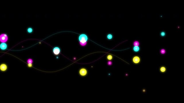 Abstract colorful glowing particles and wavy lines on black background, motion graphic loop