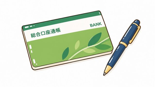「総合口座通帳」と高級感のあるペンのイラスト