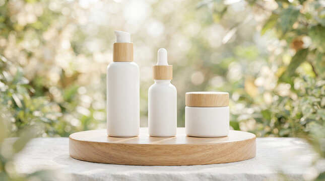Blank white cosmetic skincare bottles featuring wooden caps resting upon round podium against blurred green nature background offering packaging template mockup