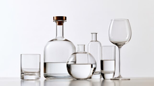 Clear glassware including two decanters, three glasses, and a wine glass, all partially filled with water, displayed on a reflective surface against a white background.