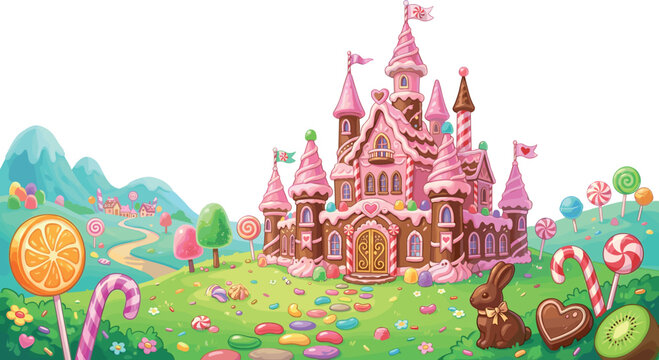 Magical Sweet Gingerbread Castle in Candy Land Background with Lollipops, Chocolate Bunny, Jelly Beans, and Pastry Architecture Vector Illustration Landscape