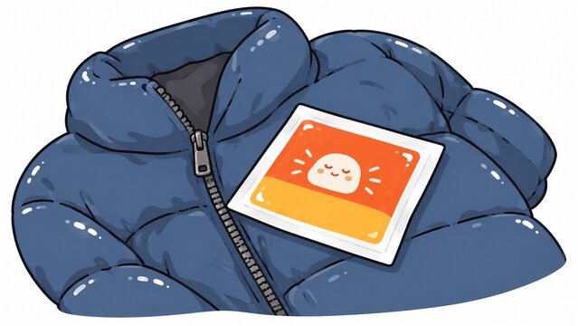 暖かいホッカイロが置かれたブルーのダウンジャケットの冬の防寒対策イラスト