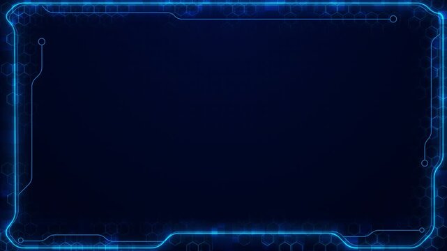 Dark sci fi frame luminous cyan edges, circuit paths technical hexagon details spacious center placement titles, software interfaces, broadcast graphics, gaming scenes and technology presentations.