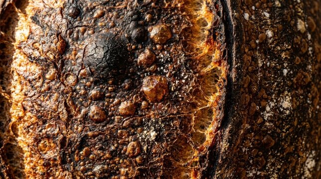 Close up of a dark toasted sourdough bread crust with a rustic texture