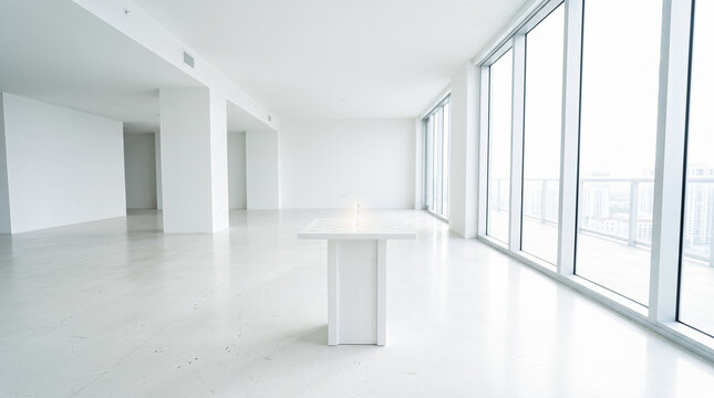 Empty white modern penthouse room, large panoramic glass windows, small pedestal table, glowing crystal chess piece, sunny apartment interior, wide view