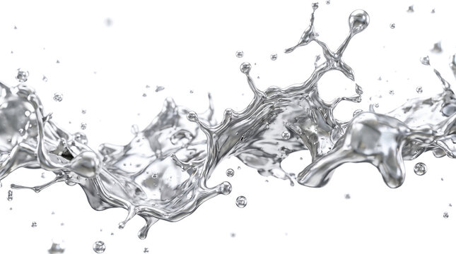 Liquid chrome splash, flying molten metal drops, fluid silver wave, dynamic mercury splatter, white background, high speed studio photography shot