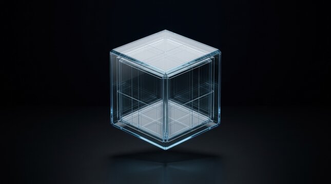 Translucent glass cube floating against a dark black background