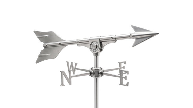 Brushed metal weather vane, stainless steel wind direction arrow, cardinal points compass indicator, white isolated background, side studio shot, front view