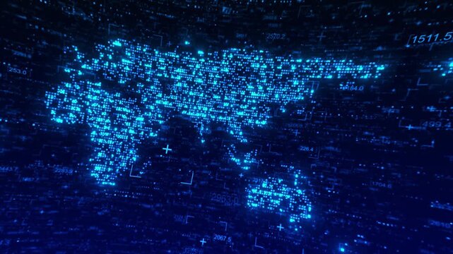 Futuristic blue world map built from luminous pixels combines floating statistics technical global connectivity, financial analytics, digital economy, information systems worldwide data exchange.