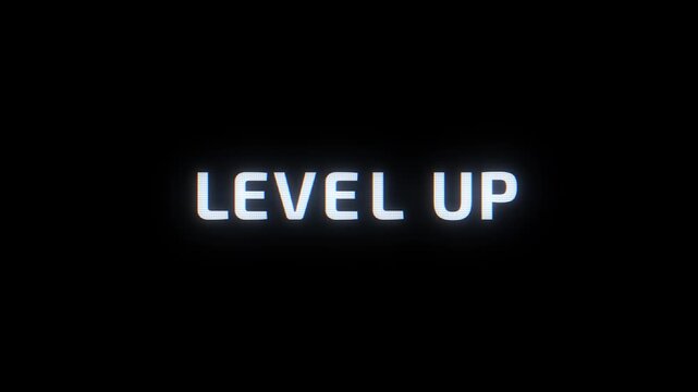 Futuristic Level Up message glows against black space, strong gaming achievement visual player progression, rewards, skill upgrades, ranking systems, esports content, challenges interactive interfaces