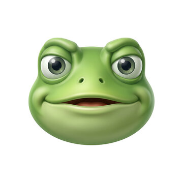 3d render of a cute green frog face emoji with a friendly expression isolated on transparent background