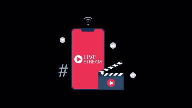 Animated Smartphone Displaying Live Stream Concept with Social Media Icon - Transparent