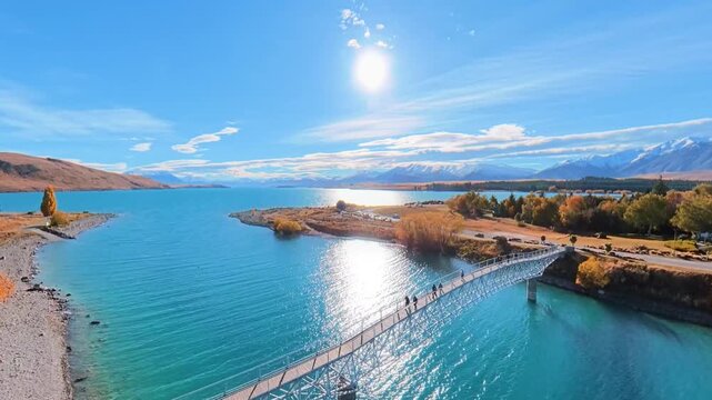 Aerial view of New Zealand, White Bridge and the autumn panorama of Lake Tekapo