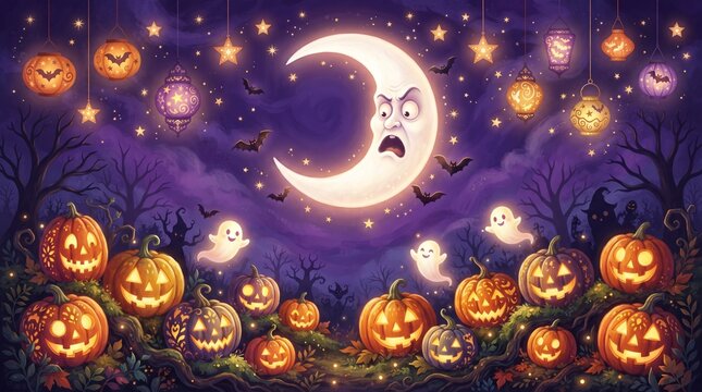 Magical halloween night scene with a crescent moon surrounded by glowing jackolanterns and ghostly apparitions in a spooky forest