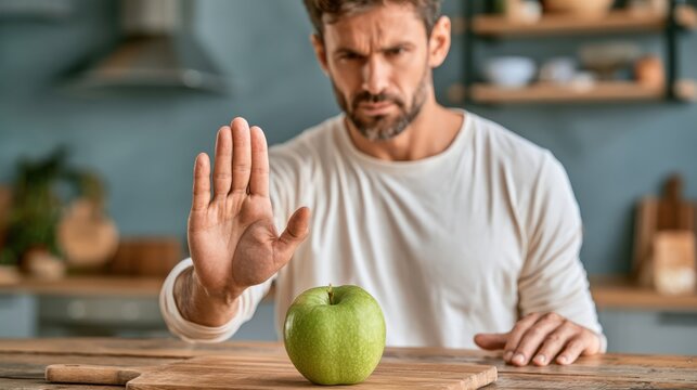 A man in a white shirt refuses a green apple, showing a hand gesture to indicate no or rejection.