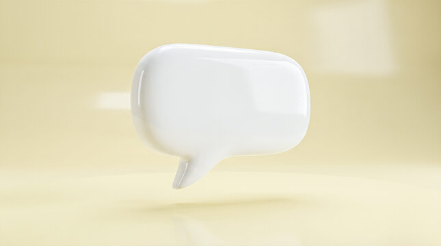 glossy white speech bubble icon floating above smooth light yellow surface background symbolizing online chat communication dialogue and social media messaging