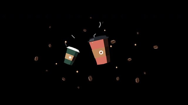 pixel art coffee cups and beans floating in space, motion graphic animation loop