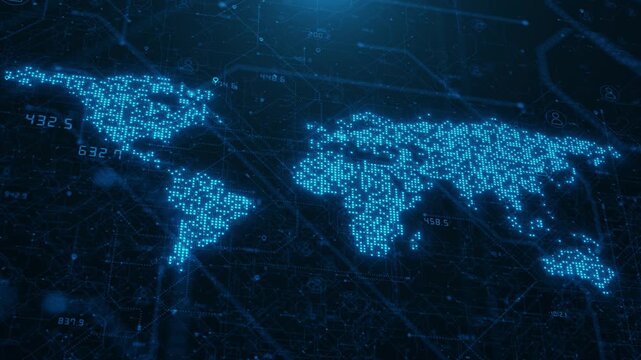 Blue luminous world map displays locations, profile information overlays, worldwide connectivity, smart infrastructure, cloud services, digital communication, business networks global data systems.