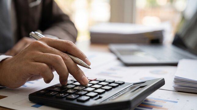Accountant calculating financial reports businessman and budget using black calculator with laptop and paper charts on office table audit and investment analysis