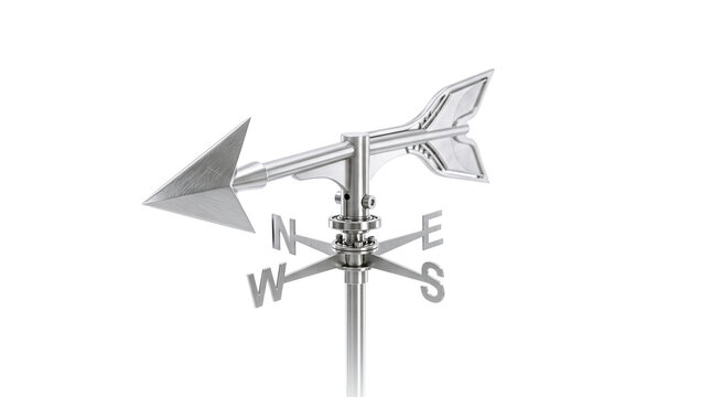 Stainless steel arrow weather vane with cardinal compass directions north east south west isolated on white background indicating meteorology wind direction guidance