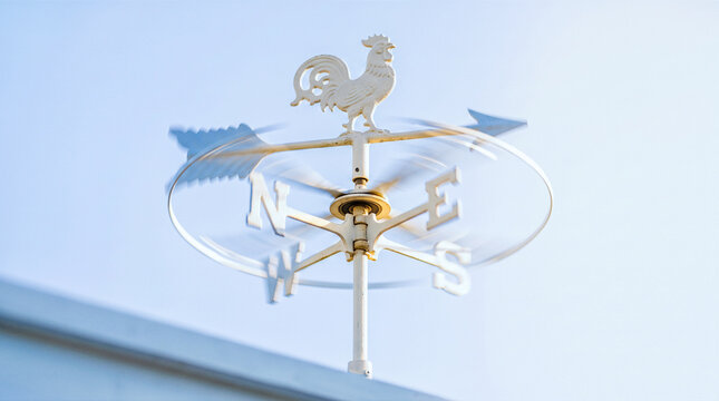 Vintage white rooster weather vane spinning rapidly with motion blur against clear blue sky indicating blowing wind direction meteorology forecast