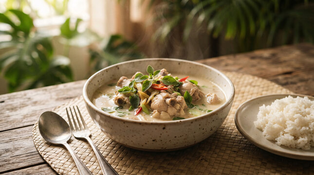  Homestyle coconut chicken stew with herbs and chilies accompanied by steamed rice in a bright tropical-inspired setting.