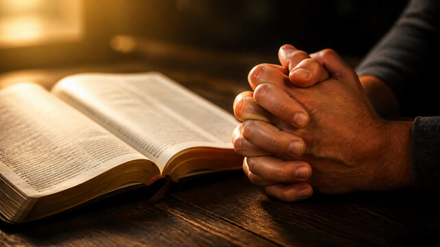 A person with clasped hands praying beside an open Bible on a wooden table, illuminated by warm light. 