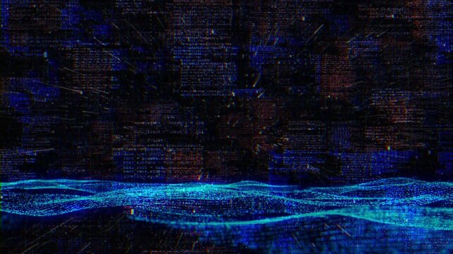 Futuristic glitch landscape computer code, blue waves electronic distortion, corrupted information, cyber intrusion, software malfunction, network instability, digital noise data processing errors.