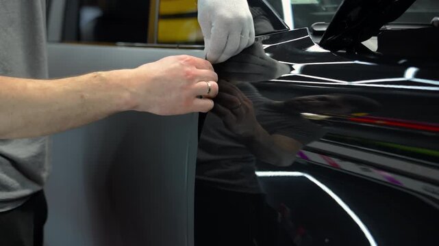 Professional automotive worker applying protective vinyl film to a car body, vehicle wrapping and paint protection installation.