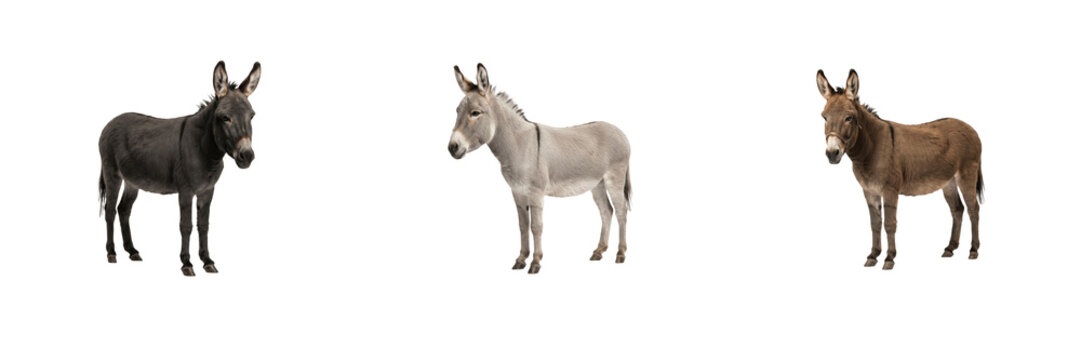 Set of Three Domestic Donkeys Isolated on White Background High-Resolution PNG Graphic Design Asset Featuring Black Grey and Brown Farm Animals Standing Facing Forward for Agricultural and Veterinary 