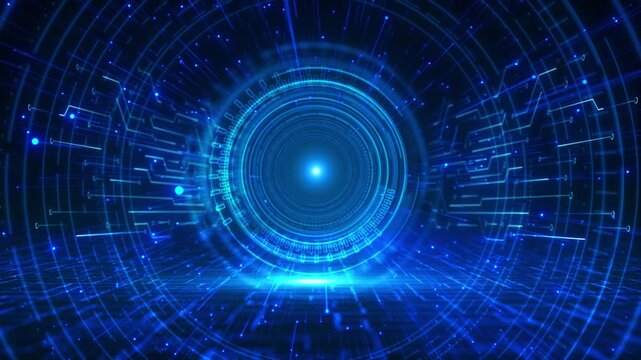 Immersive blue digital gateway rotating circular elements electronic circuitry advanced technology for scanning, quantum computing, virtual interfaces, system diagnostics, security data visualization.