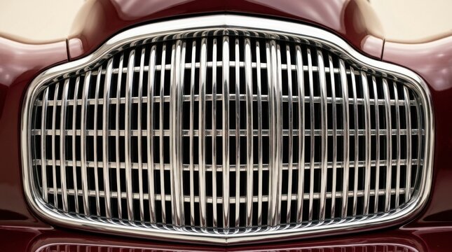 Close up of a polished chrome radiator grille on a vintage classic car