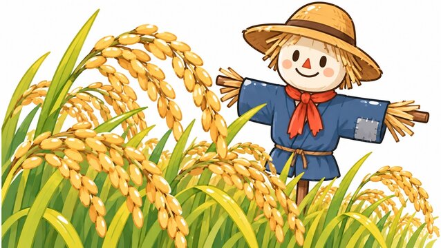 黄金色の実り豊かな稲穂の間から顔を出す笑顔の可愛いかかしのイラスト
