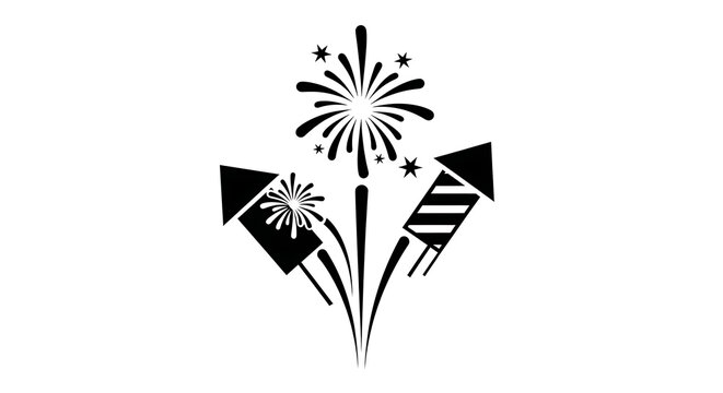 Black silhouette icon of fireworks rockets and an explosion isolated on a transparent background