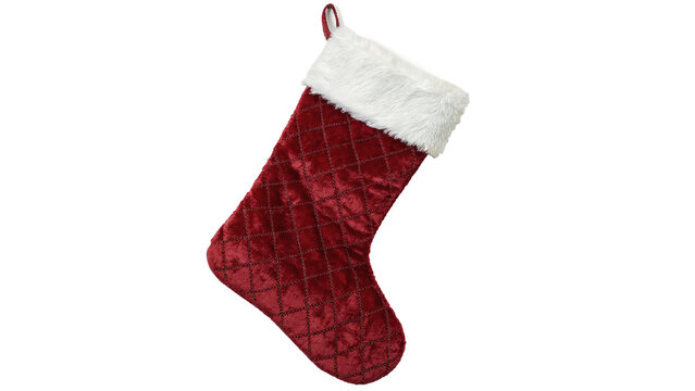 Classic red and white Christmas stocking fireplace hanger isolated on transparent background.