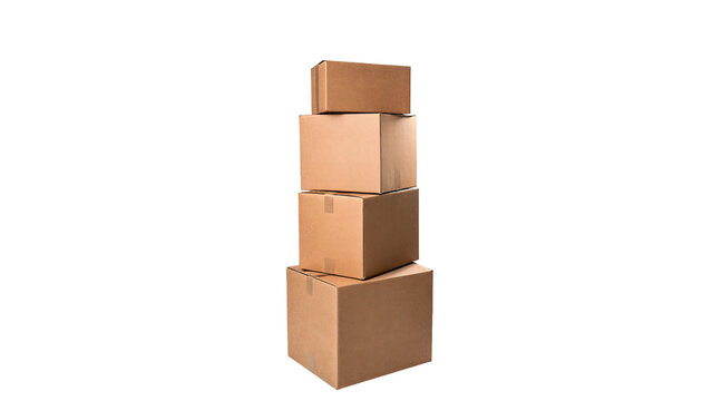 Stack pile of clean neat square cardboard boxes isolated on transparent background.