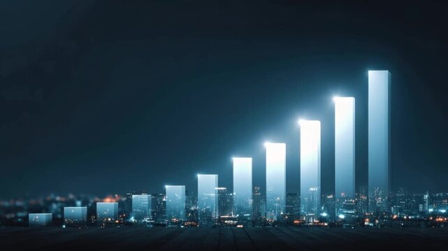 A digital representation of a growing financial market, featuring glowing, upward-trending bar charts that mimic a city skyline. ..Created with Generative AI, not depicting real subjects.