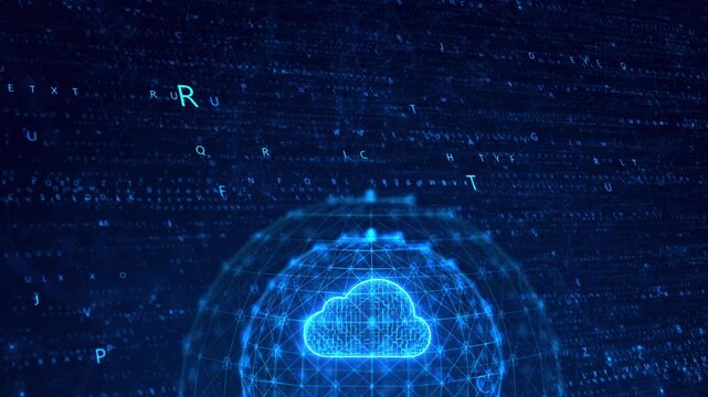 Blue cloud symbol connected nodes characters visualizes distributed computing, secure storage, network infrastructure, server communication, data routing, scalable services modern cloud technology.