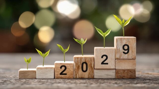 Growth and success symbolized by small plants sprouting from wooden blocks numbered 2029, representing progress and new beginnings. ..Created with Generative AI, not depicting real subjects.