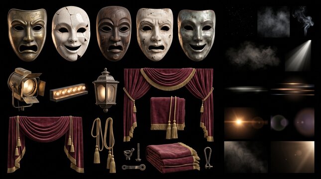Collection of theatrical masks and stage props isolated on black background
