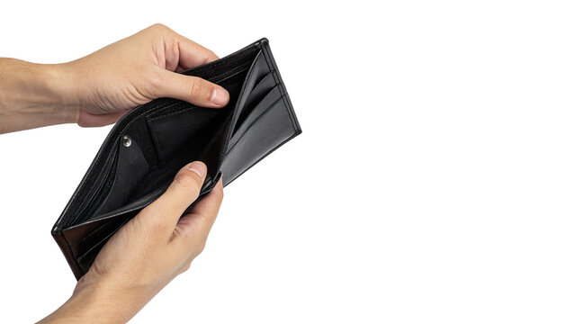 Human hands holding empty open old black leather wallet isolated on transparent background.