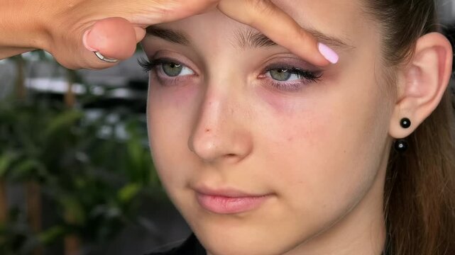 Makeup artist checks the placement and quality of applied false eyelashes on a teenage girl, professional eye makeup and precise beauty styling.