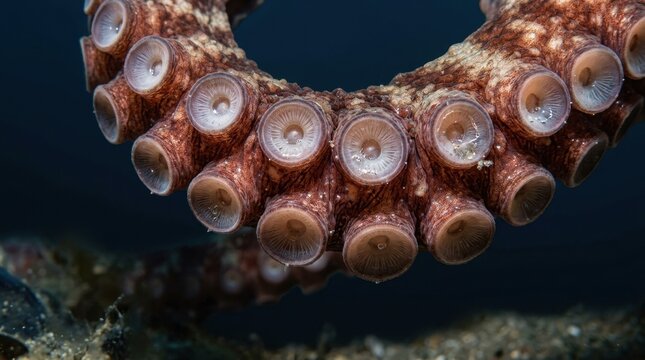 Close up of an octopus tentacle showing detailed suction cups underwater