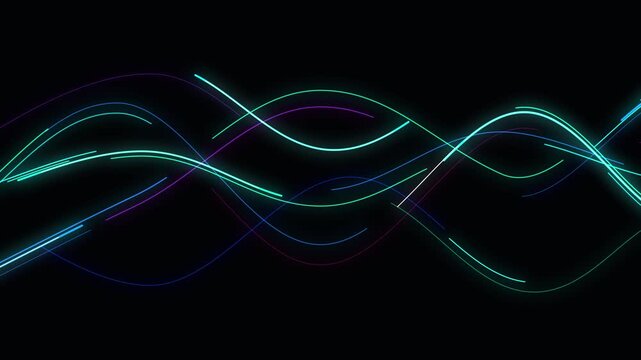 Abstract glowing neon waves of digital data streams with particles moving in sync on black background