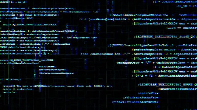 Futuristic programming screen shows source code, electronic distortion digital artifacts, software errors, cyber attacks, hacking activity, developer debugging, system corrupted computer information.
