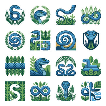 Stylized vector illustration of a vibrant blue snake coiled and resting on a white background. Detailed reptilian graphic with clean lines, perfect for nature-themed design or logos.