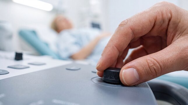 Close-up of a hand adjusting a black knob on medical ultrasound equipment during a patient examination in a clinical setting.